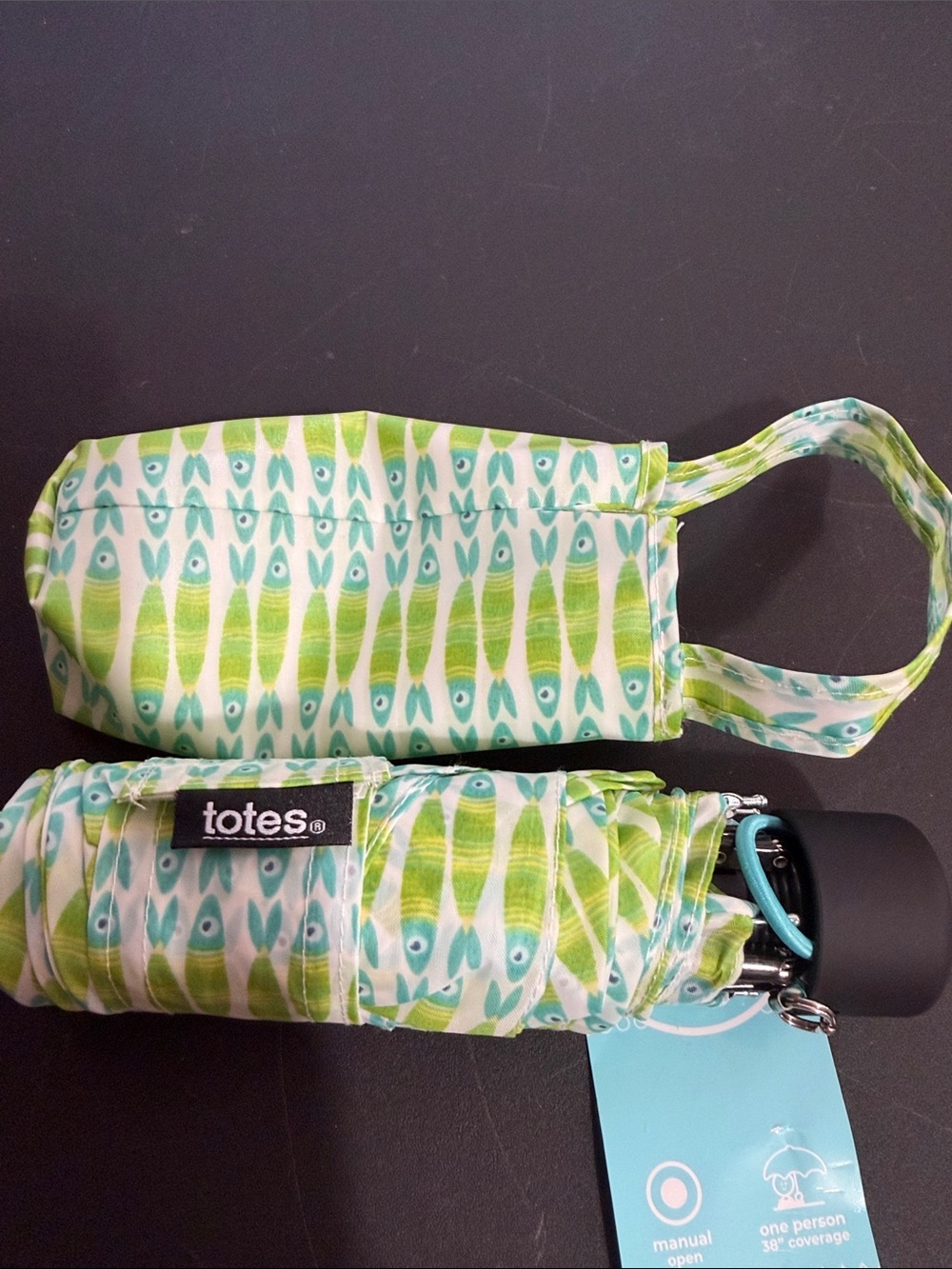 Totes mini blue and mint green sardine design umbrella - Picture 3 of 3